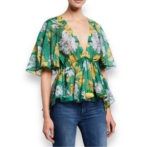 Alexis Blouse Dayal Floral Print Short Sleeve Peplum High Low Green Yellow XS